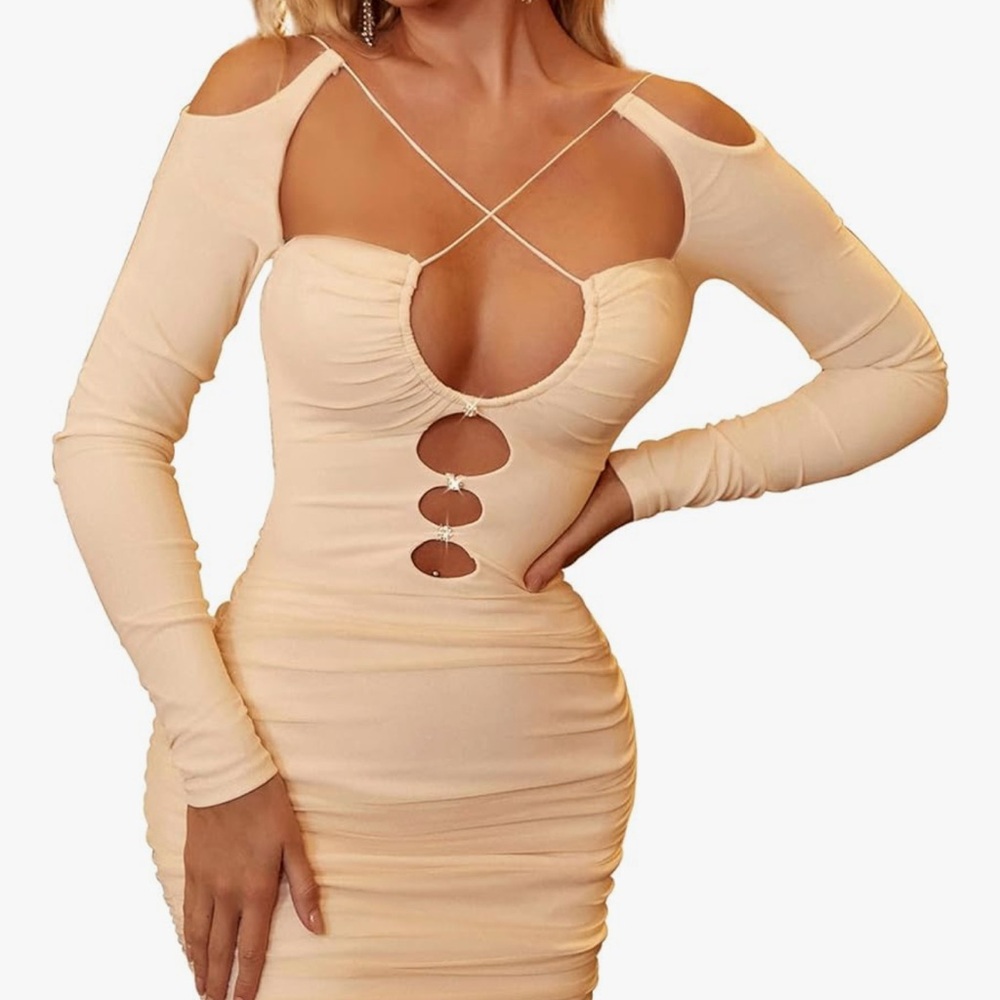 Amazon Tan Bodycon Mini Dress Cold Shoulder Plunge